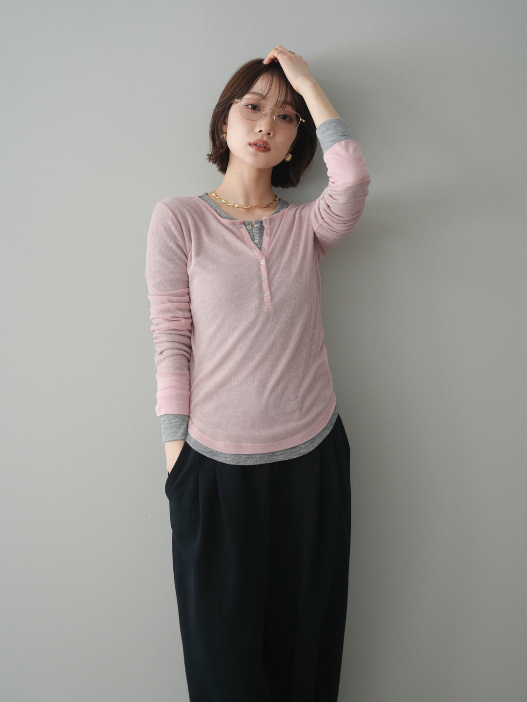 [予約]シアーリブヘンリーネックロンT/pink