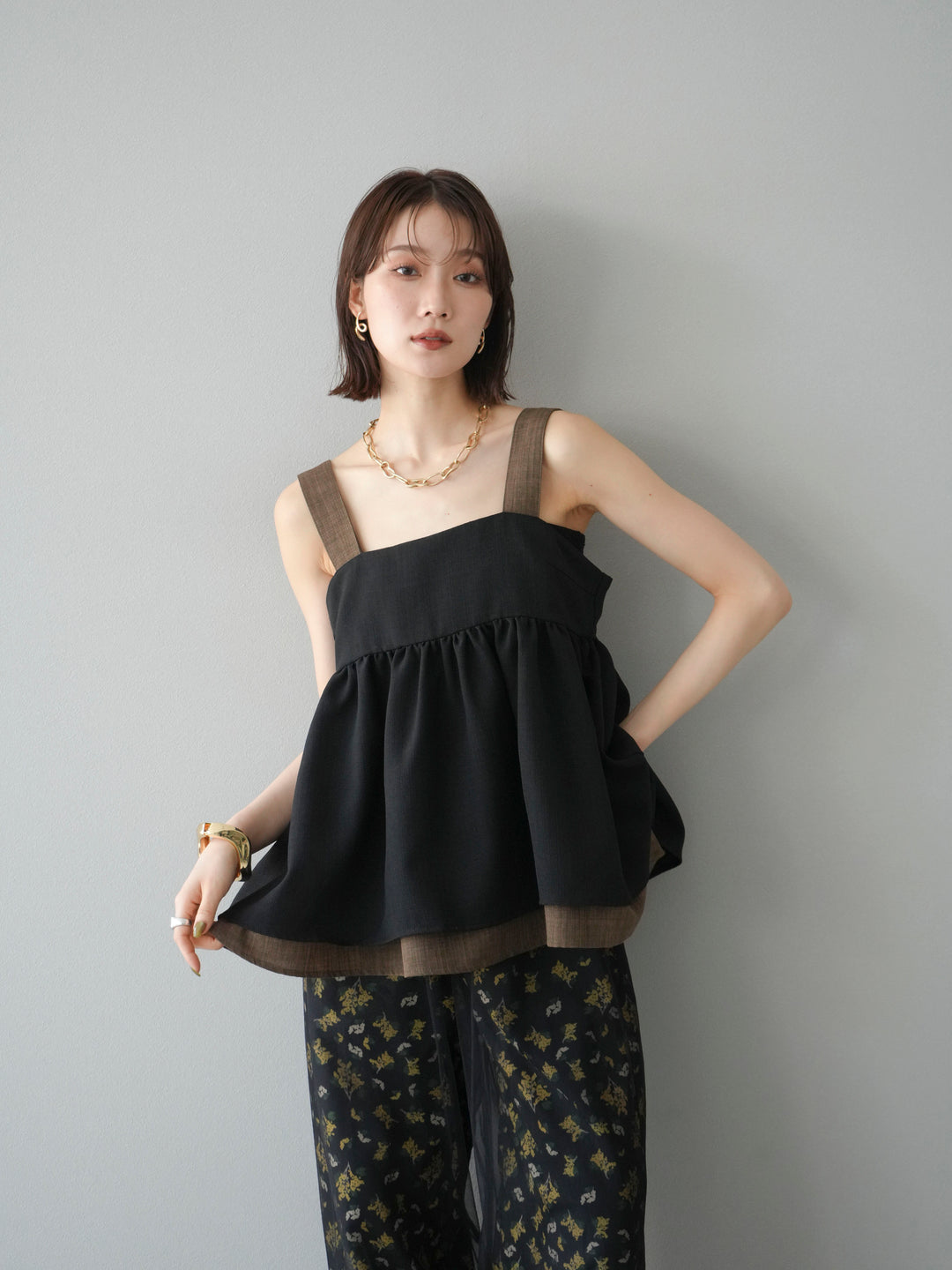 [SET]リネンライク配色フレアタンクトップ+ブーケプリントタックパンツ(2set)