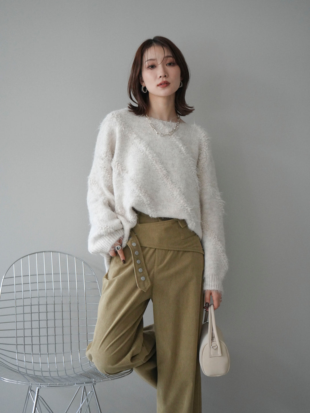 [予約]ブークレラインデザインニットプルオーバー/ivory