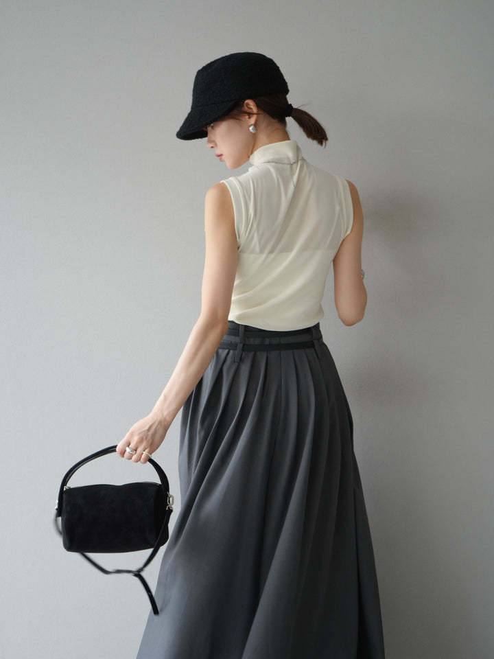 [SET]シアーベロアプチネックノースリーブトップス+エステルプリーツスリットスカート(2set)