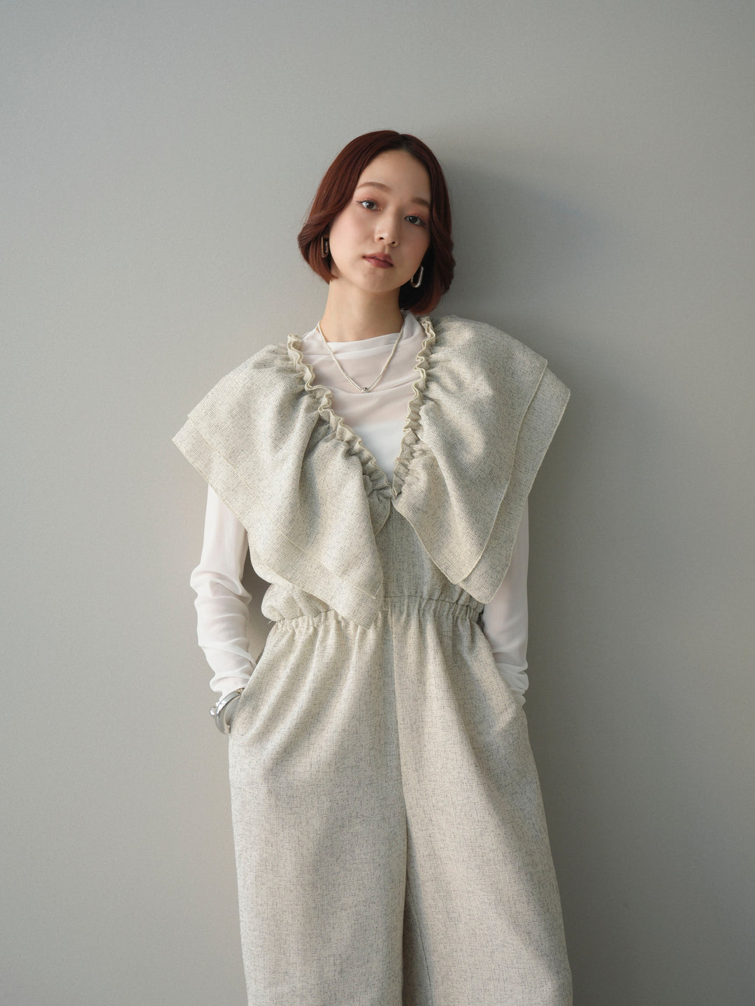 [SET]3WAYミックスツイードギャザーオールインワン+シアープチネックストレッチトップス(2set)