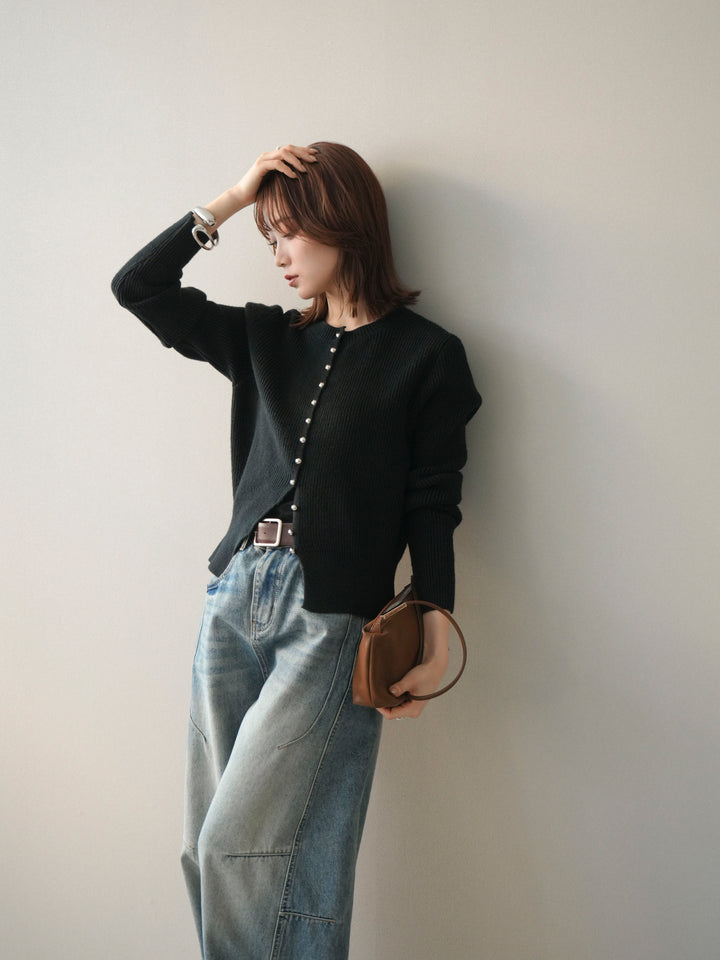 [SET]シルバーボタン畦編みニットカーディガン+ベルト付カーブデニムパンツ(2set)