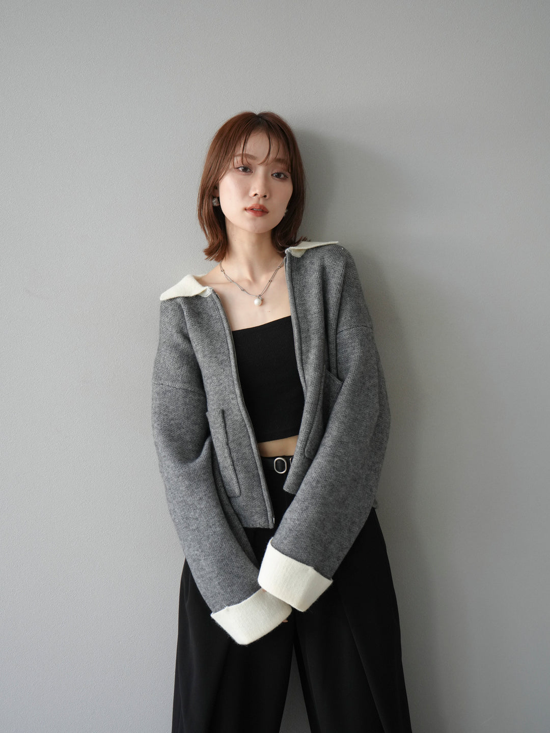 [予約]ポロ襟ジップニットカーディガン/チャコール