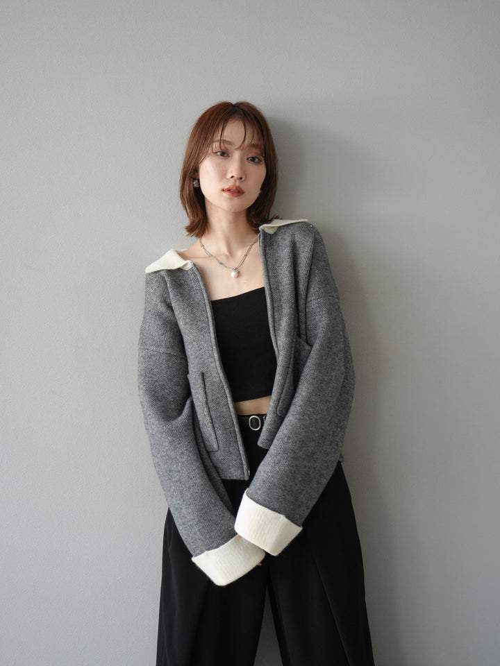 [予約]ポロ襟ジップニットカーディガン/チャコール