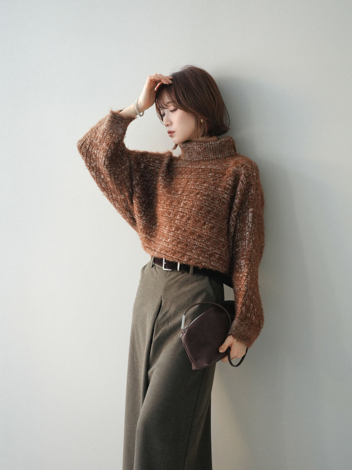 [予約]オフタートルケーブル編みニットプルオーバー/brown