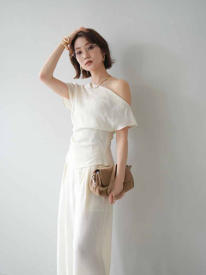 [予約]クレープアシンメトリーギャザートップス/white