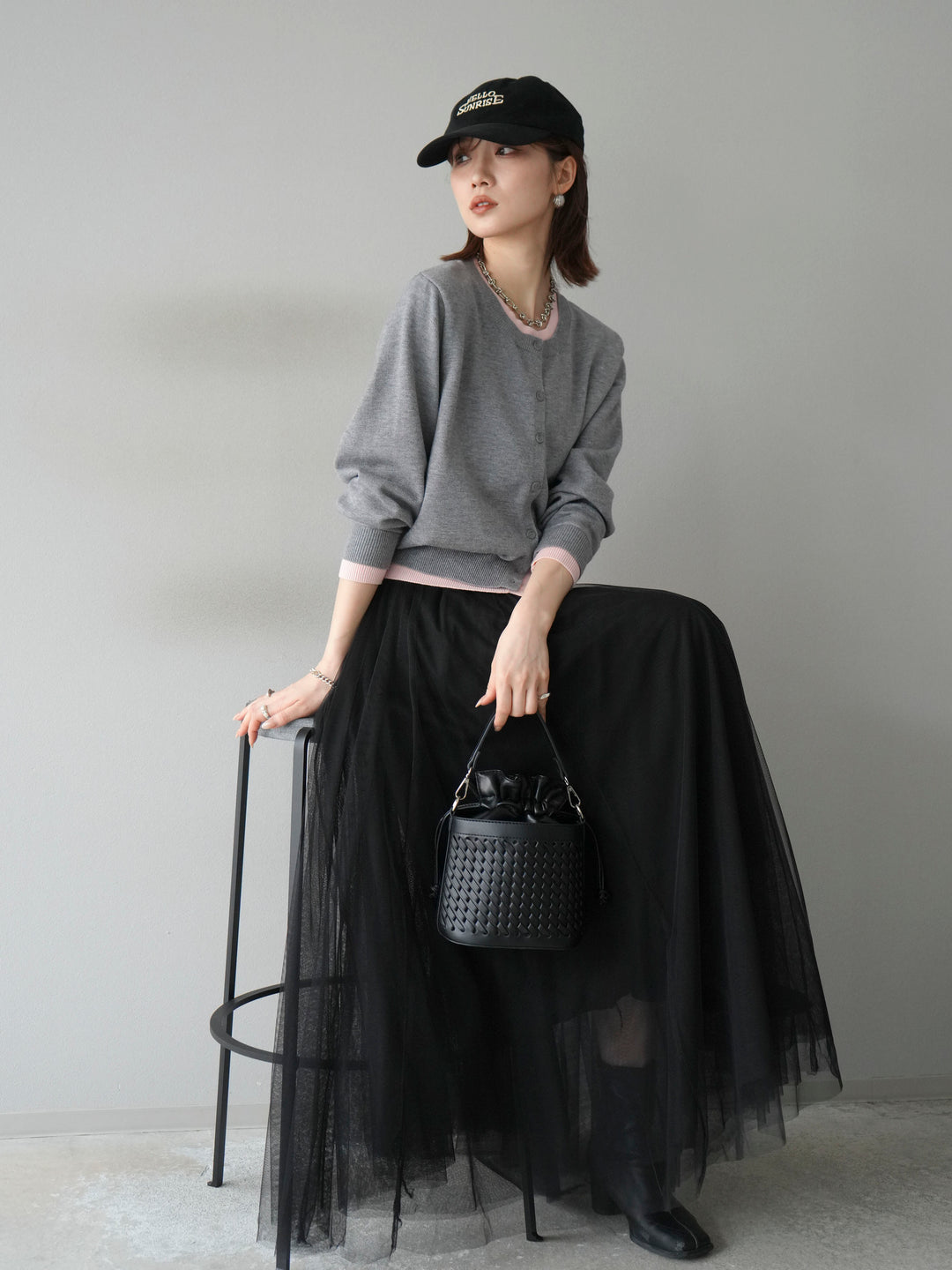 [SET]配色レイヤードカーディガン+チュールボリュームスカート(2set)