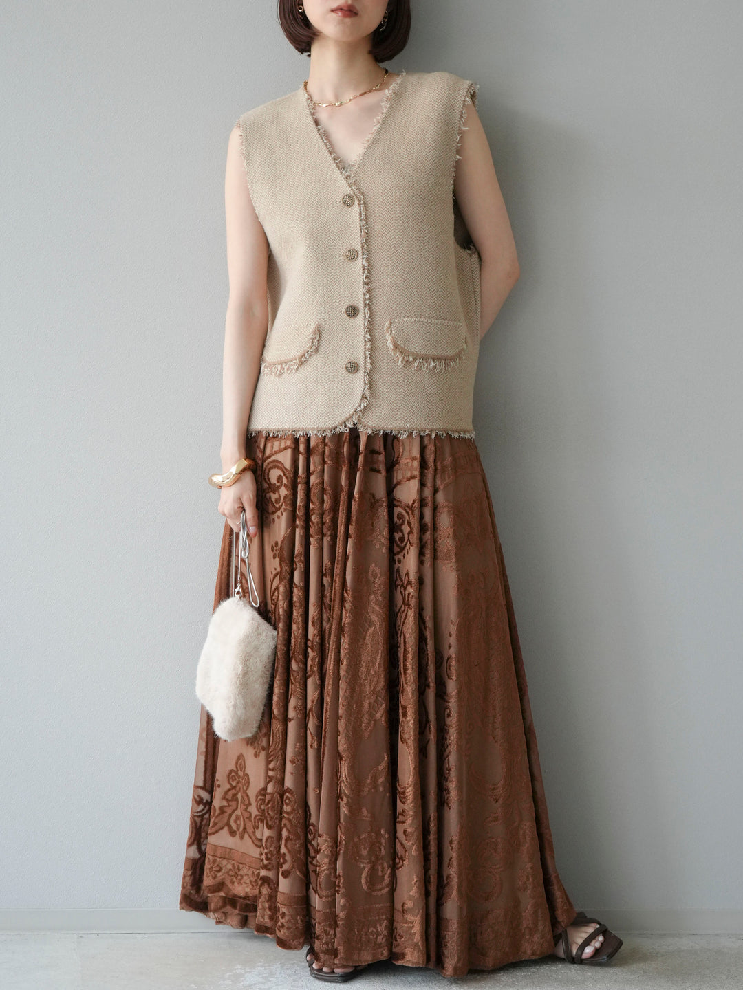 [予約]ツイードライクフリンジニットベスト/ベージュ