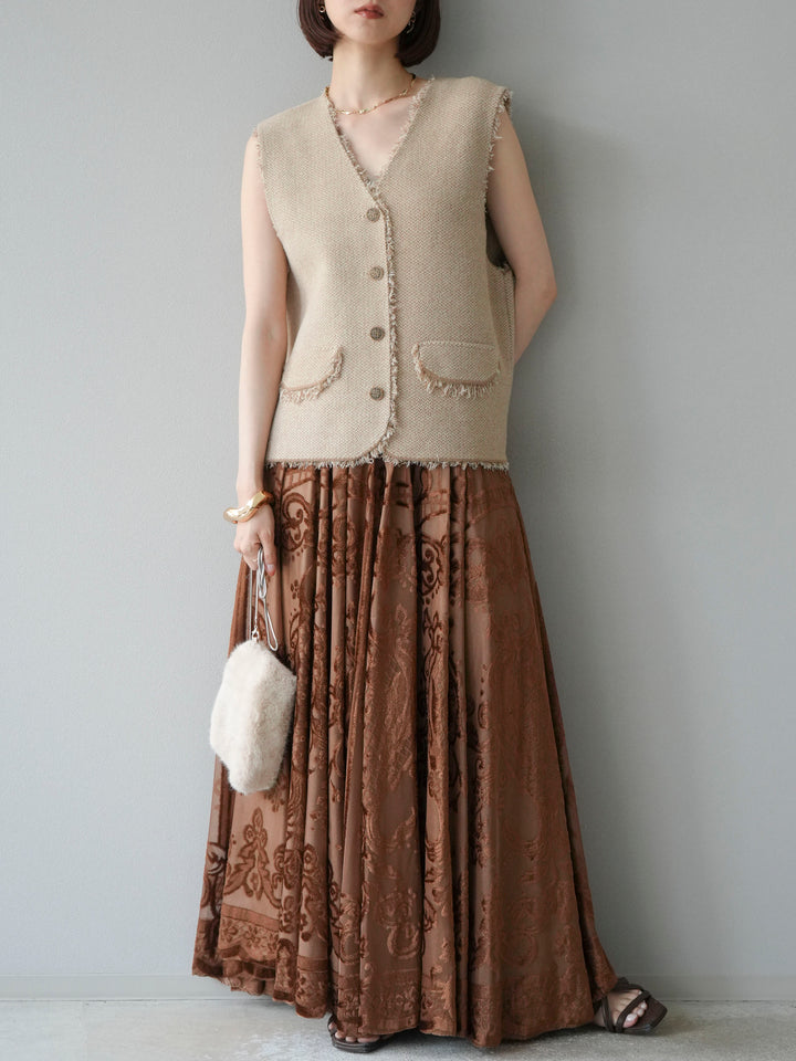 [予約]ツイードライクフリンジニットベスト/ベージュ