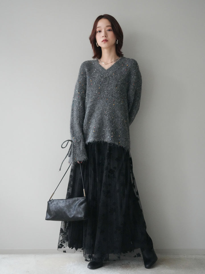 [SET]キャンディースリーブカラーネップスパンコールニットプルオーバー+フラワーフロッキーチュールプリーツスカート(2set)