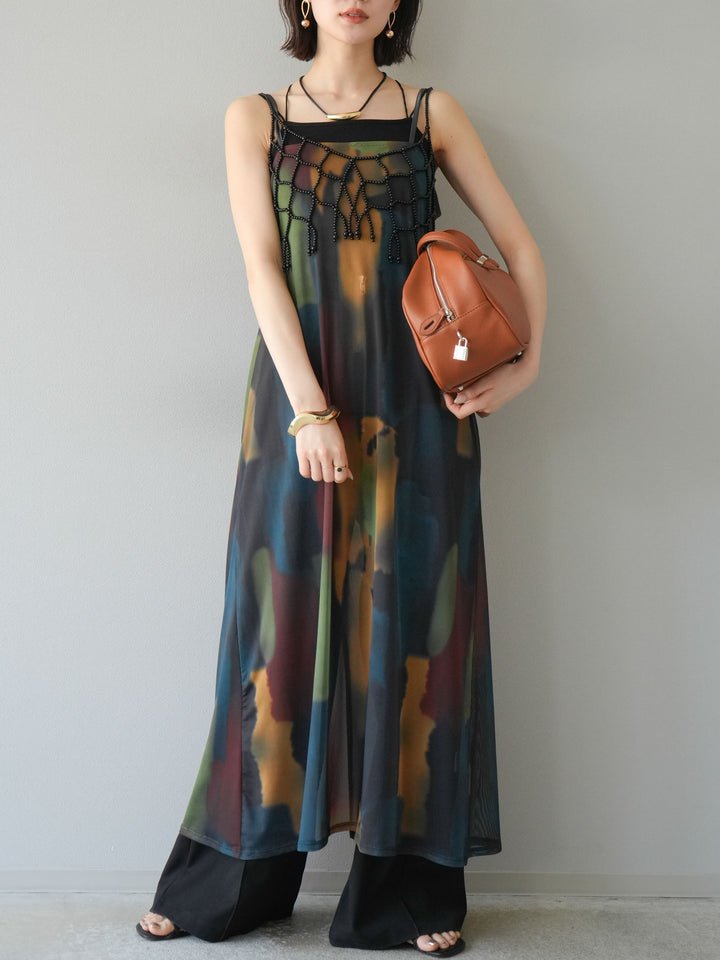 [予約]水彩アートシアーキャミワンピース/チャコール