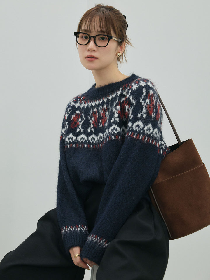 [予約]ノルディック柄モックネックオーバニットプルオーバー/navy