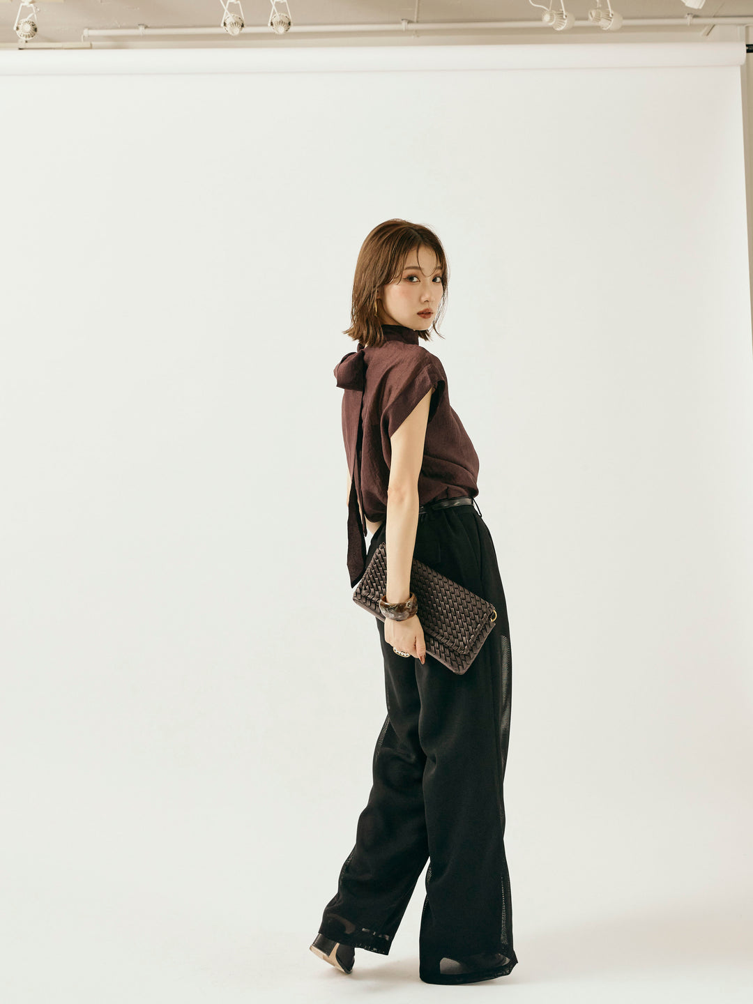 【Allure】[SET]シャイニーシアーブラウス+メッシュタックワイドパンツ(2set)