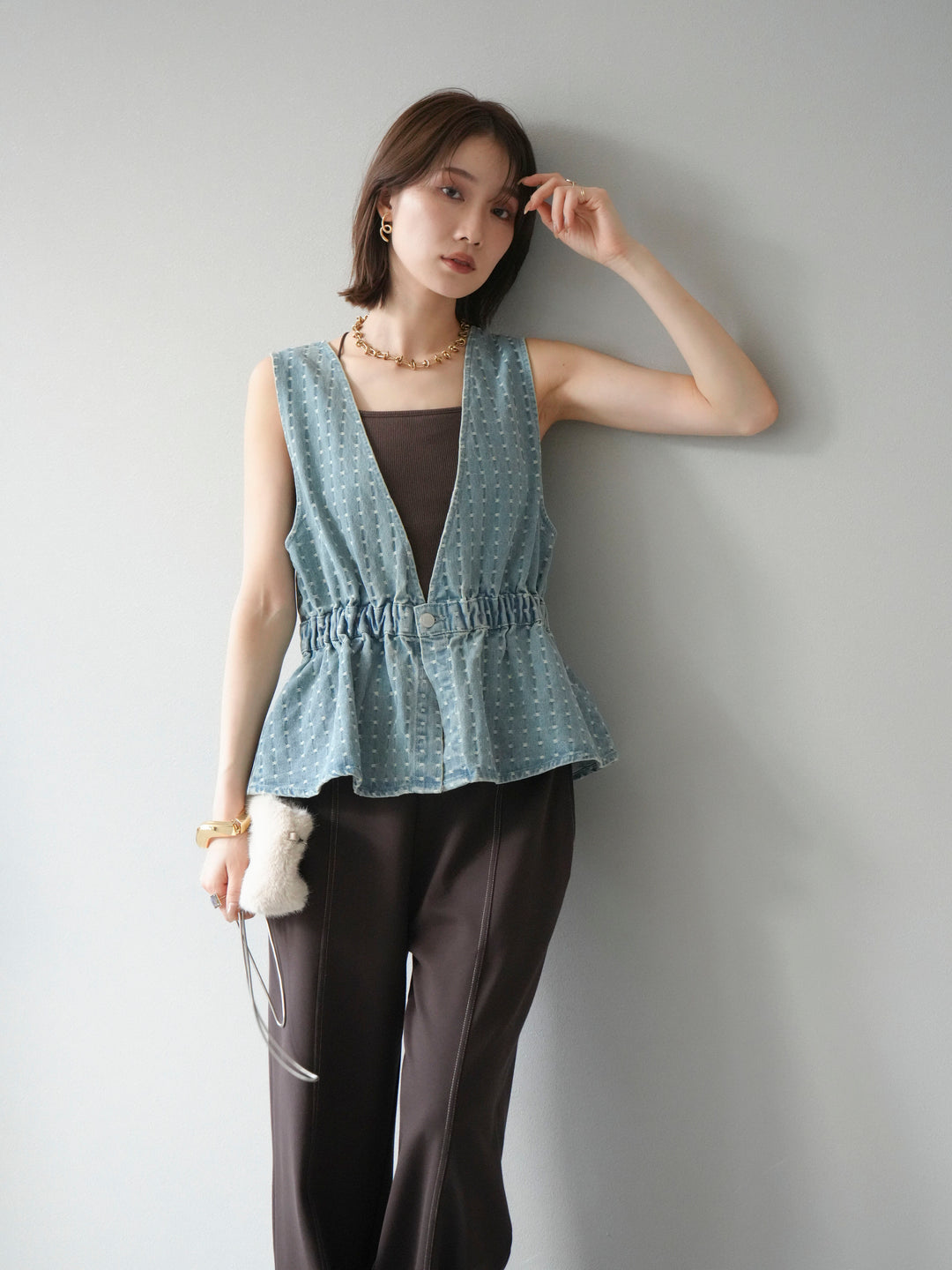 [予約]ジャガードデニム２WAYビスチェ/ライトブルー