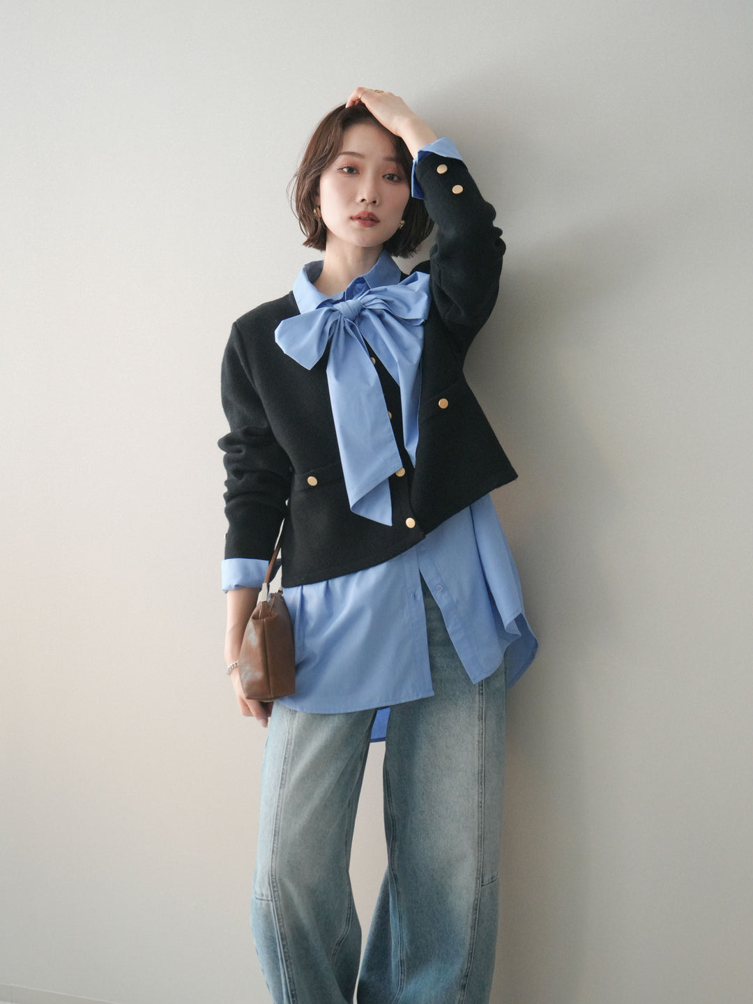 [SET]ゴールドボタンノーカラーニットジャケット+選べるアクセセット(2set)