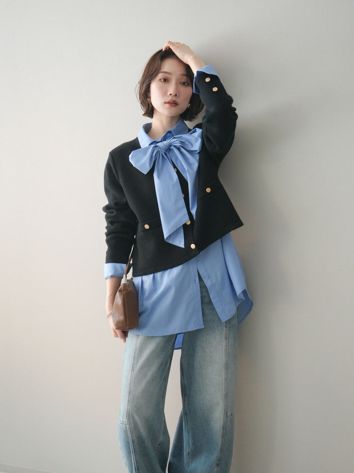 [SET]ゴールドボタンノーカラーニットジャケット+選べるアクセセット(2set)