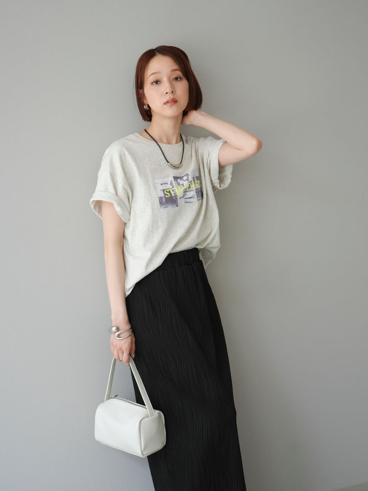 [SET]ネオンロゴコラージュフォトプリントオーバーTシャツ+ウェーブパイピングタイトスカート(2set)