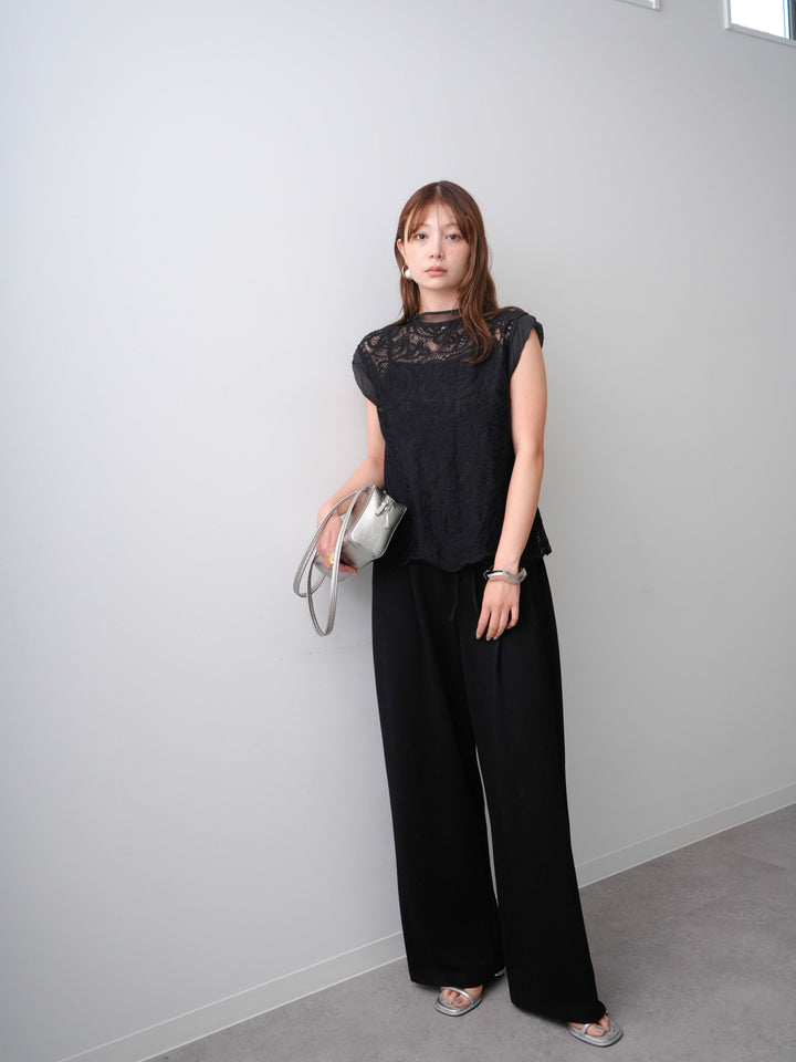 [SET]スカラップヘムレーストップス+リラックスドレープスウェットパンツ(2set)