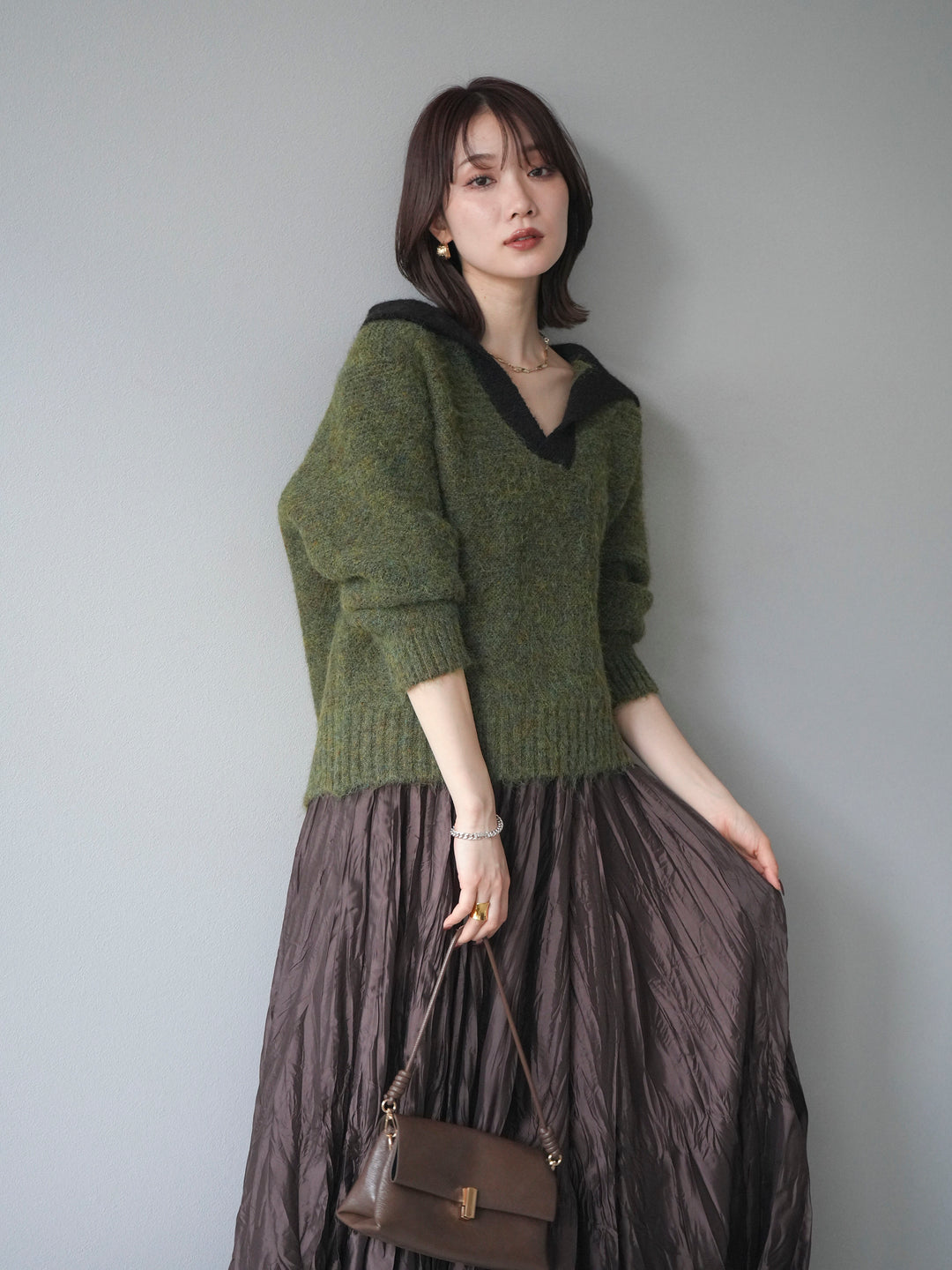 [予約]バイカラー襟付きニットプルオーバー/green