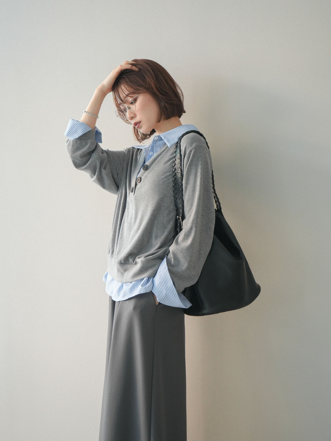 [予約]シャツレイヤードデザインカットプルオーバー/lightgray