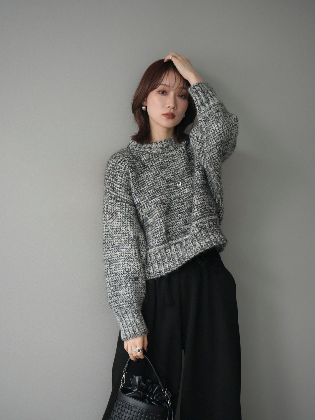 [予約]ボリュームスリーブミックスネップニットプルオーバー/gray