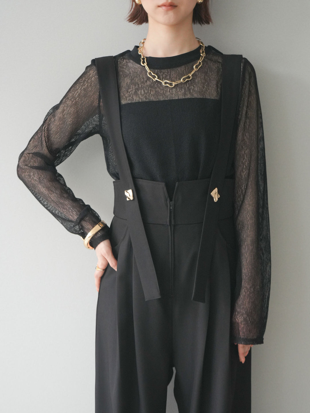 [予約]シアーストライプメッシュトップス/black