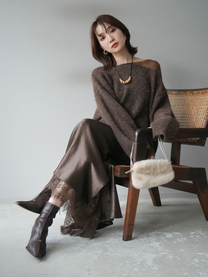 [予約]ネック透かし編みニットプルオーバー/ダークブラウン