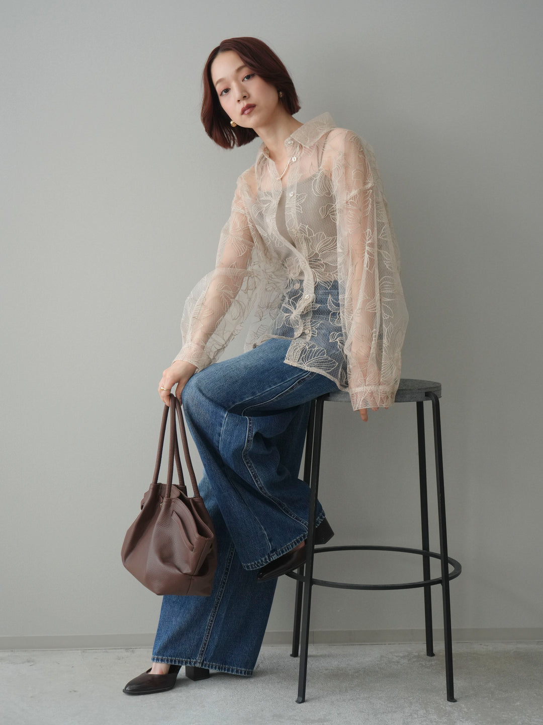 [予約]チュールフラワー刺繍オーバーシャツ/ecru