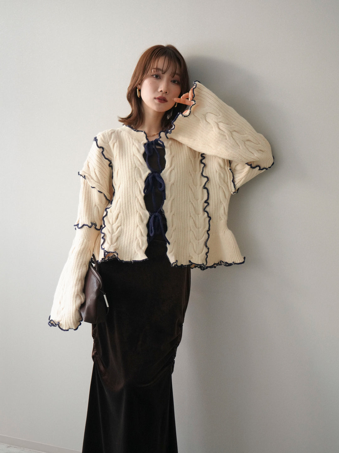 [予約]フロントリボン配色メローニットカーディガン/ivory