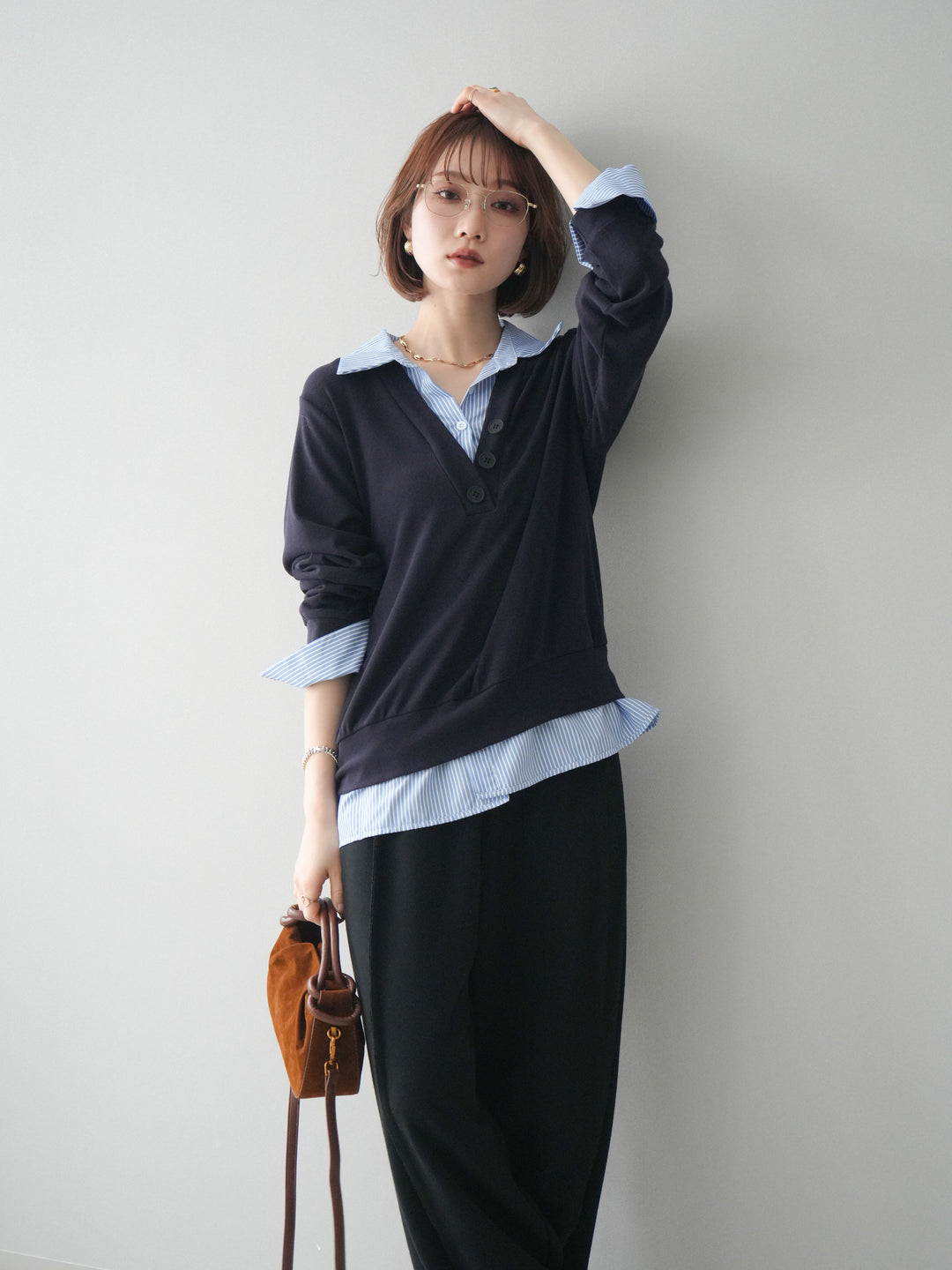 [予約]シャツレイヤードデザインカットプルオーバー/navy