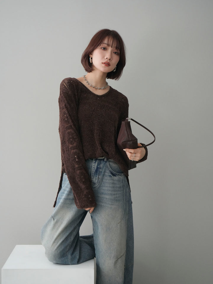 [予約]モール透かし編みニットトップス/brown