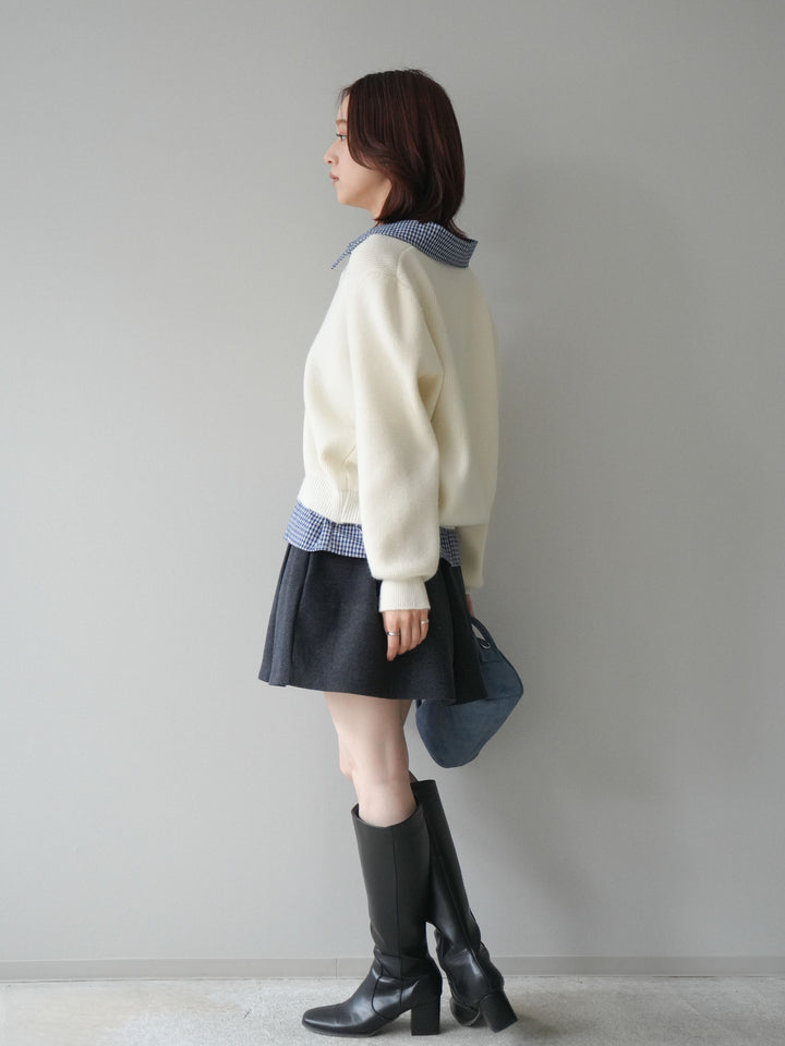 [SET]チェックシャツ襟ニットカーディガン+ベルト付きタックミニスカート(2set)