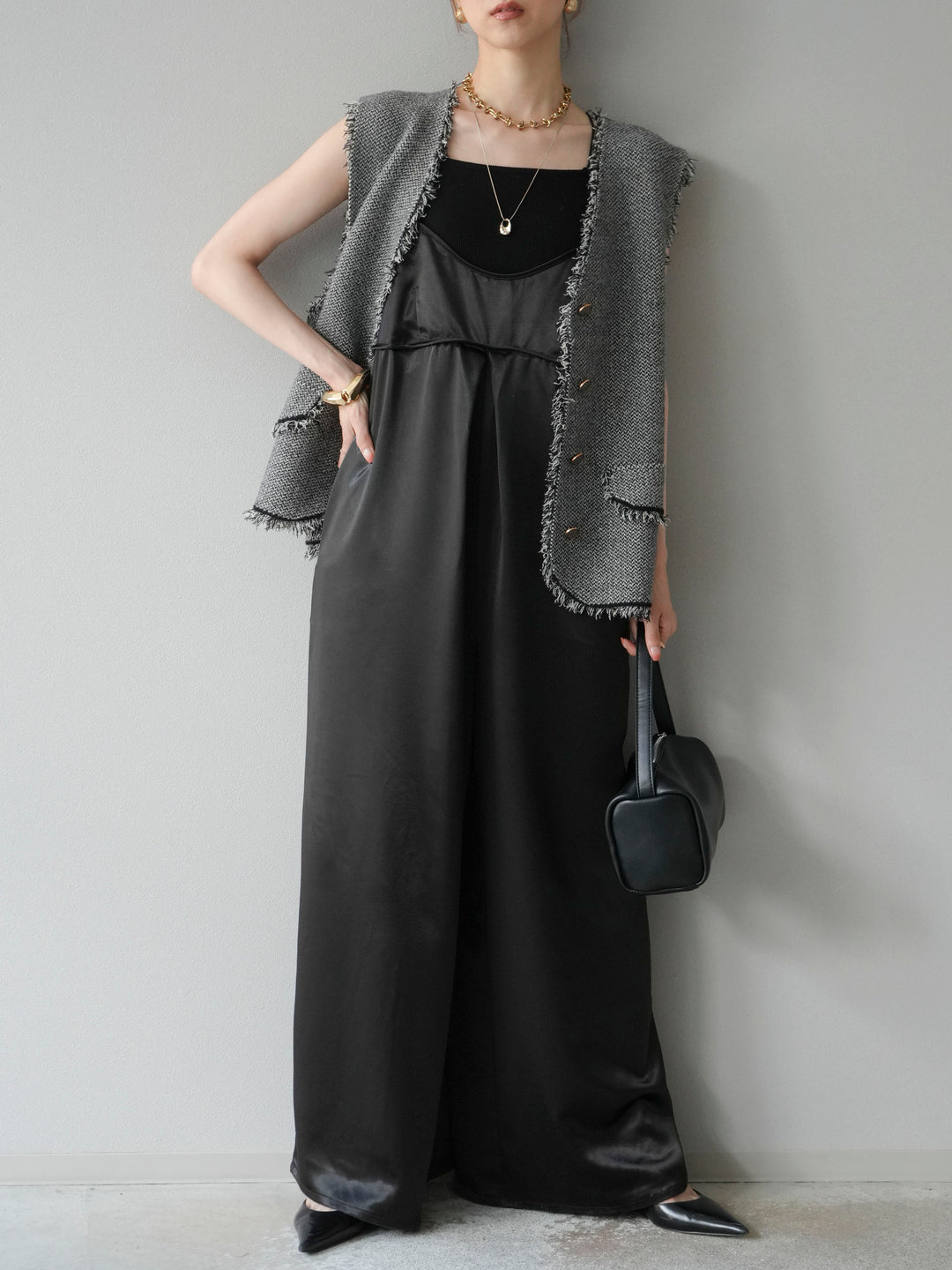 [予約]サテンビスチェオールインワン/ブラック