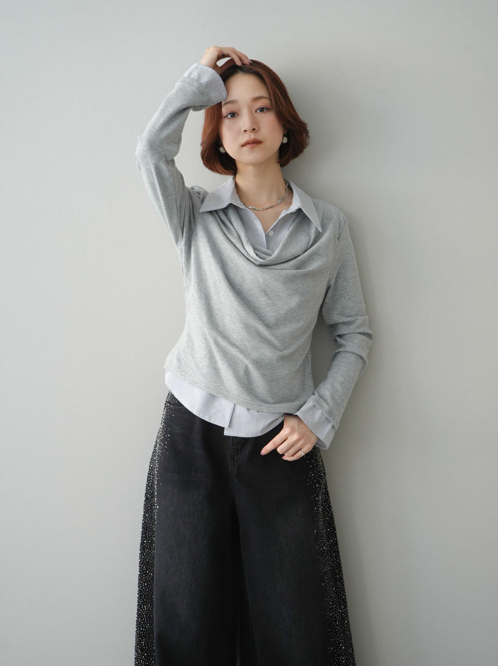 [予約]ストライプドッキングシャツドレープカットソー/gray