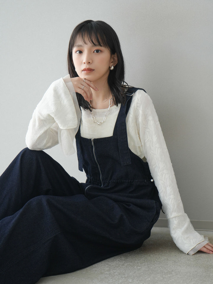 【預購】雙層紗布袖喇叭疊層提花上衣/象牙白