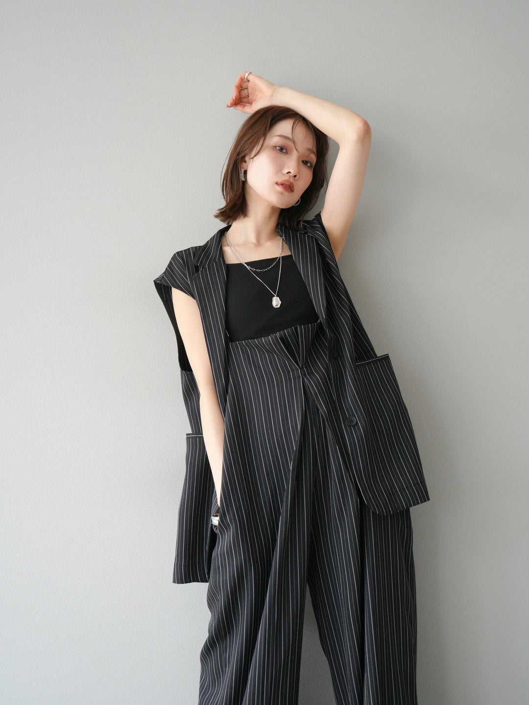 【着回しセット】[SET]ヘリンボーンストライプジレ+シアー切替ベロアトップス+ヘリンボーンストライプサロペット(3set)