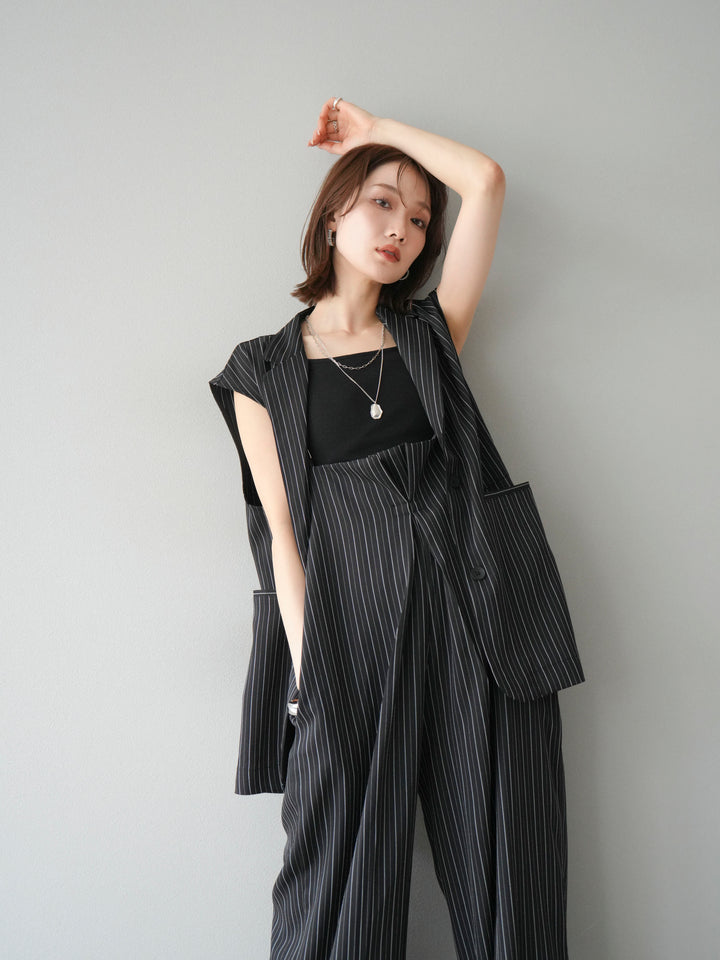 【着回しセット】[SET]ヘリンボーンストライプジレ+シアー切替ベロアトップス+ヘリンボーンストライプサロペット(3set)