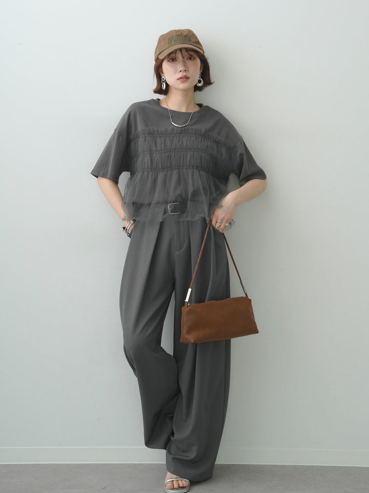 [SET]ギャザーチュールドッキングTEE+ベルトループデザインワイドパンツ(2set)