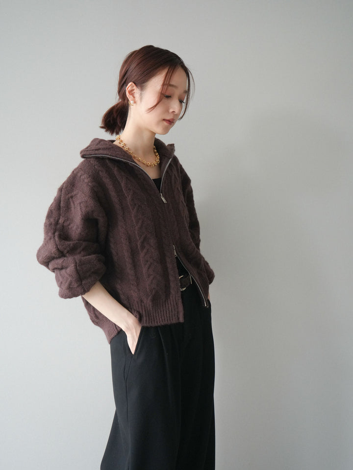 [SET]ケーブル編みハイネックZIPニットカーディガン+アニマル柄ベルト付きウールタッチワイドパンツ(2set)