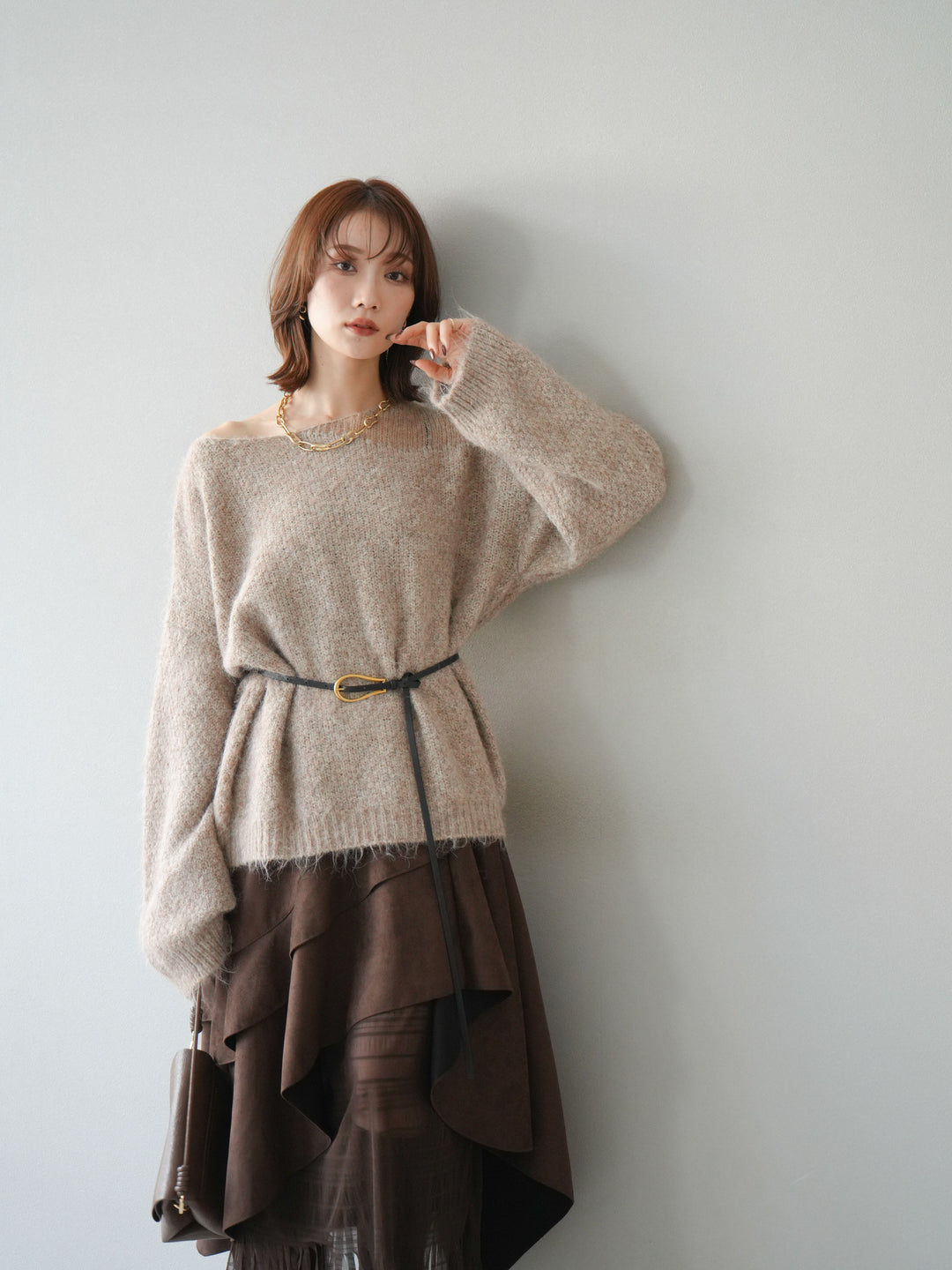 [予約]ネック透かし編みニットプルオーバー/ベージュ