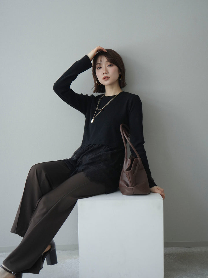 [SET]クルーネックレースドッキングリブニットトップス+センターシームフレアパンツ(2set)