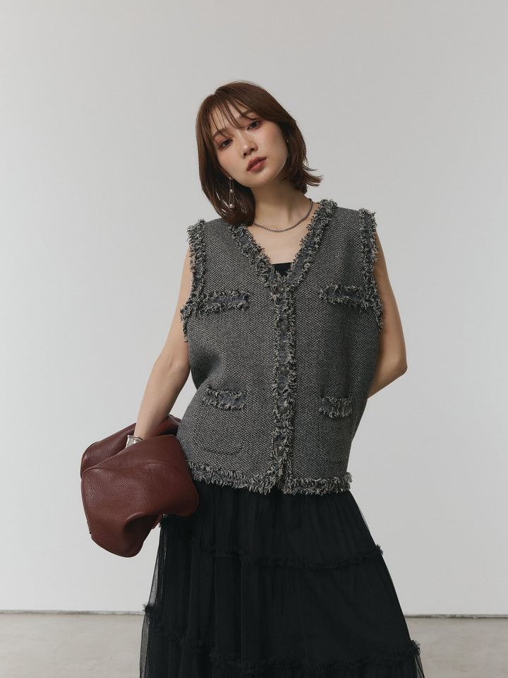 【Allure】[SET]アンティークボタンツイードフリンジニットベスト+アンティークボタンツイードフリンジニットベスト(2set)