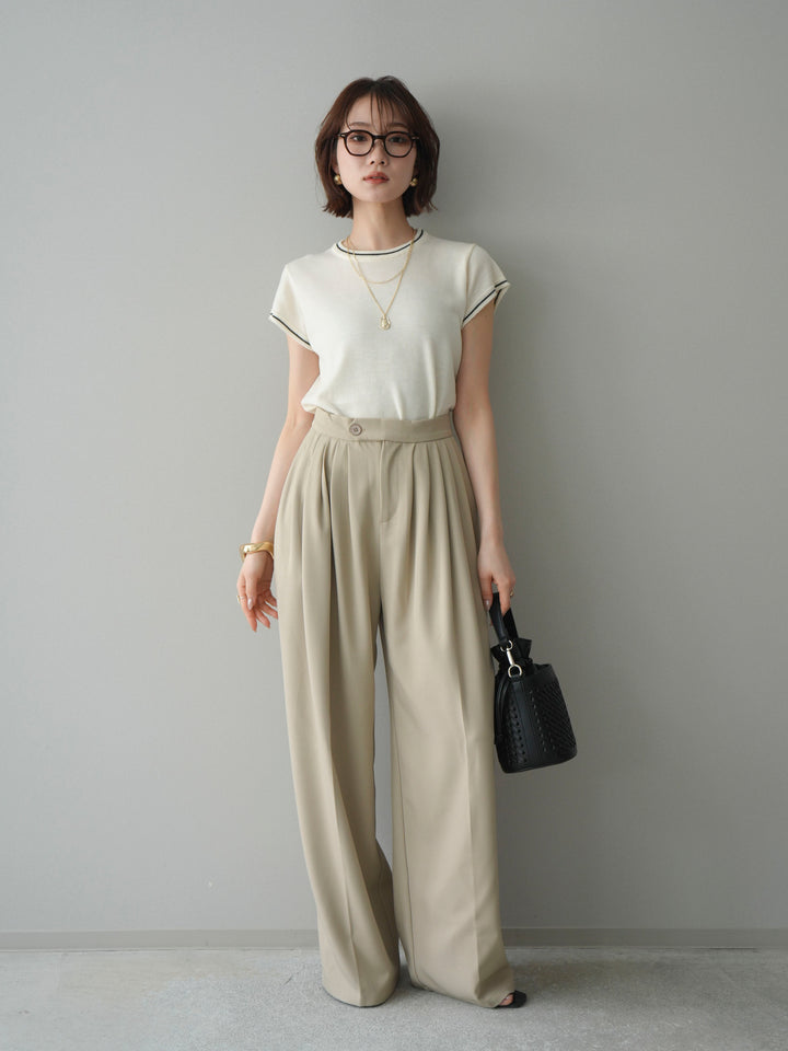 [SET]配色ハーフスリーブニットトップス+メニータックワイドパンツ(2set)