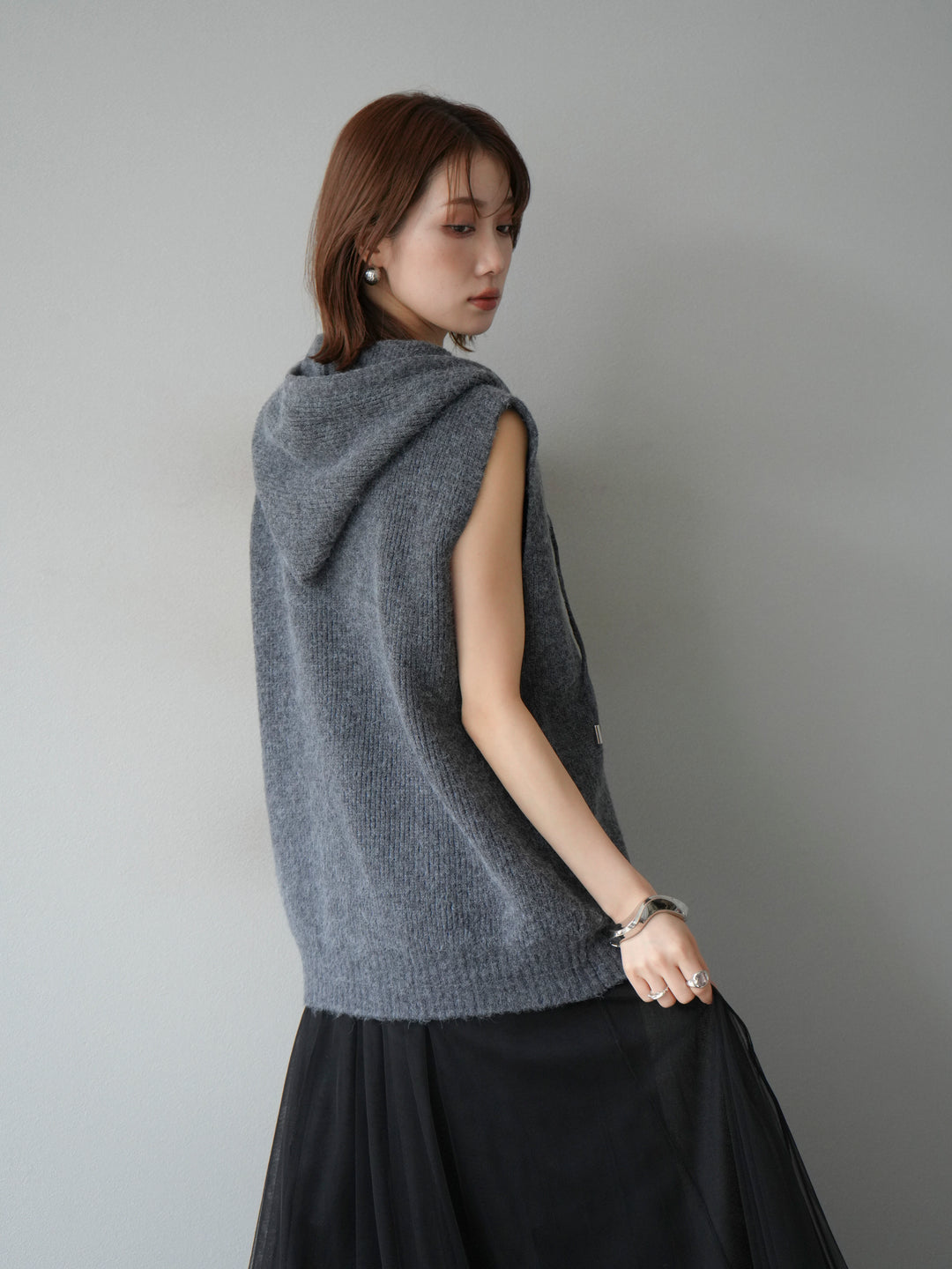 [予約]ノースリーブニットパーカー/グレー
