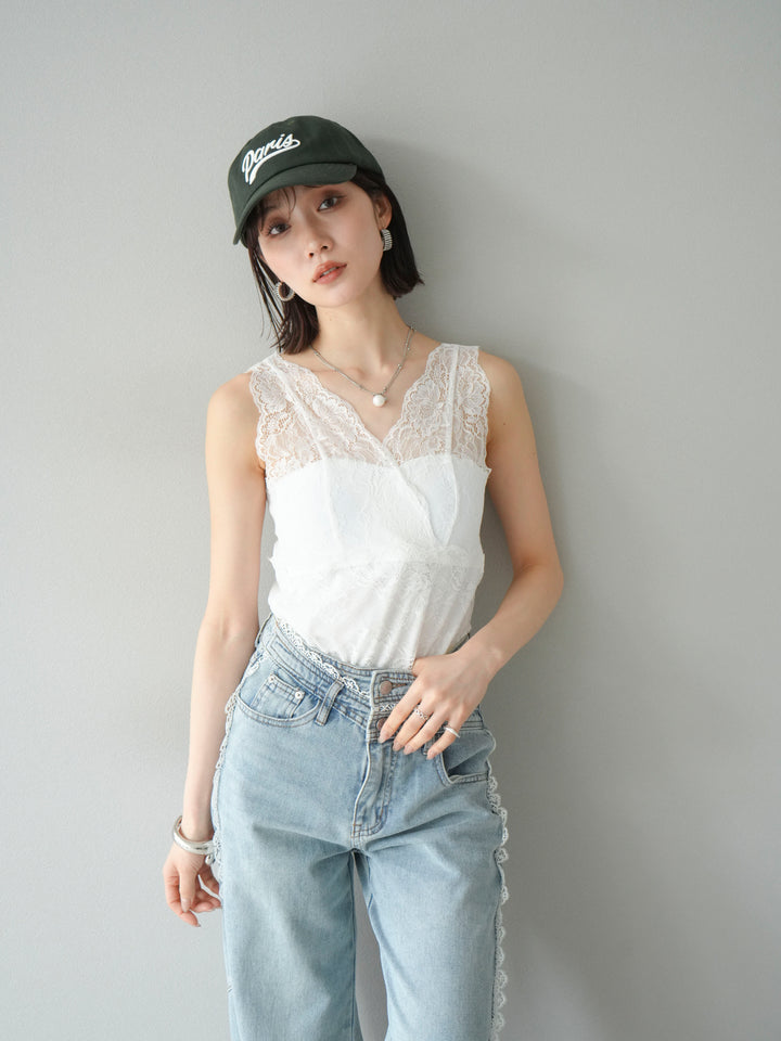 [予約]カップ付レースタンクトップ/ オフ