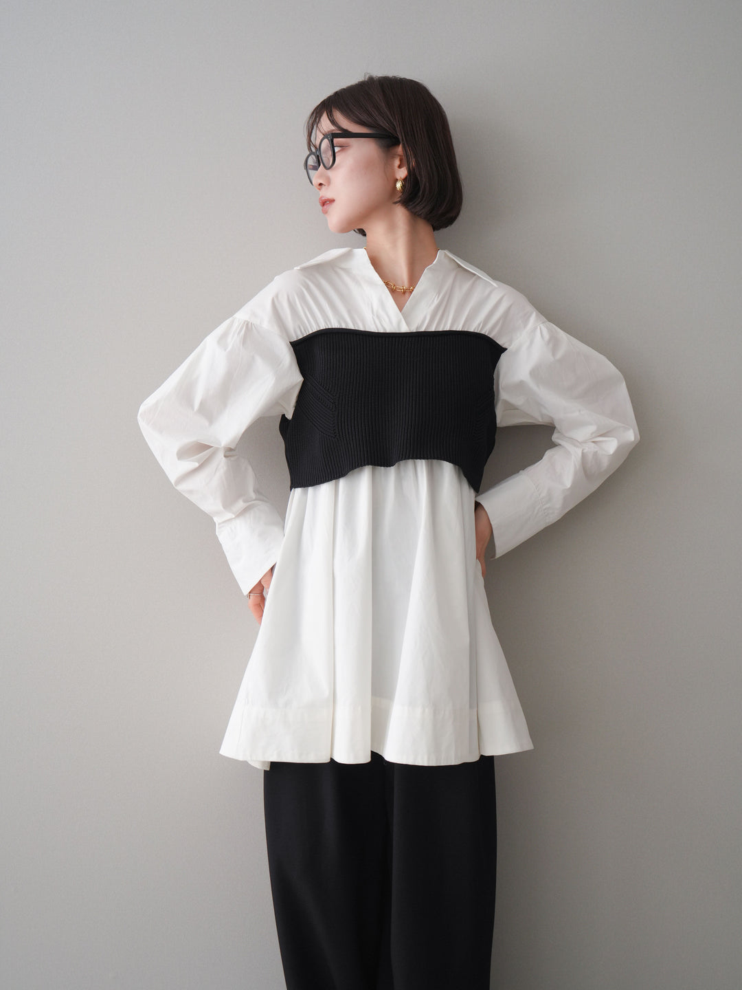 [予約]ニットビスチェドッキングフレアシャツチュニック/offwhite