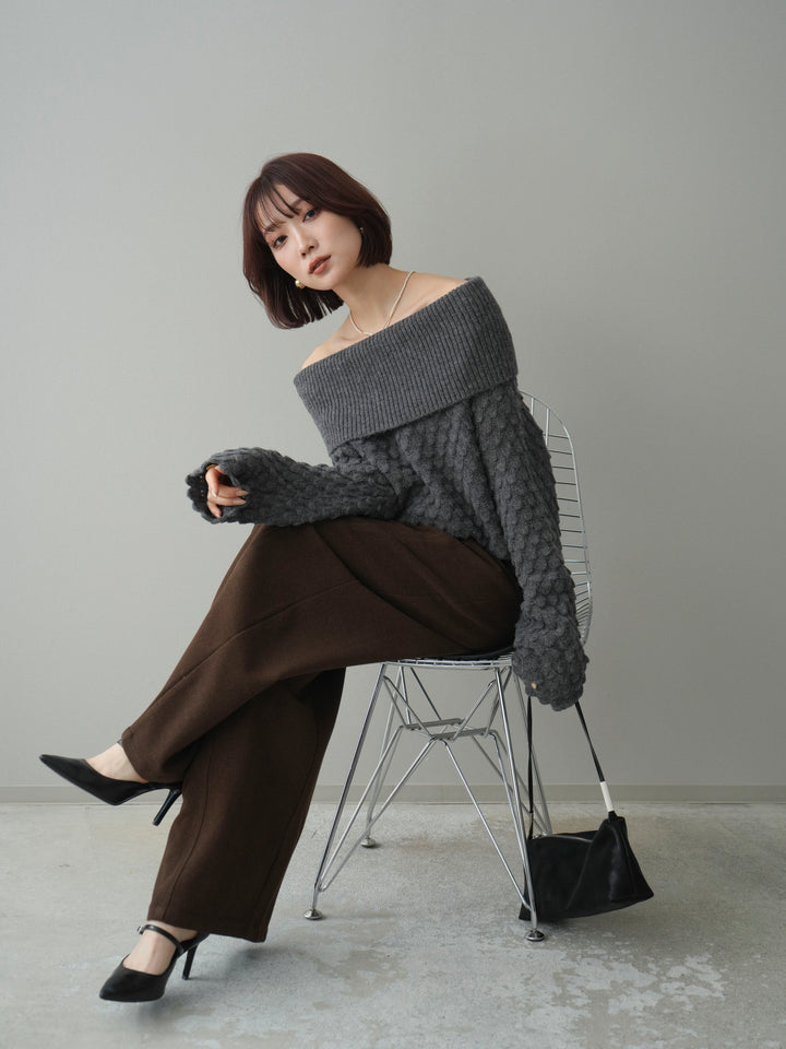 [予約]ポコポコ編みオフショルニットプルオーバー/gray