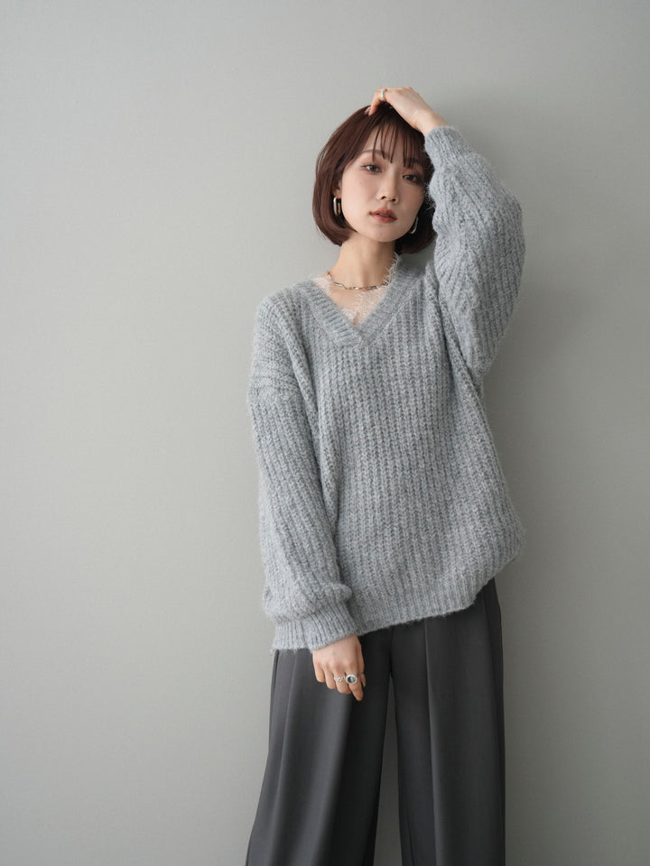[予約]Vネックレースニットプルオーバー/gray