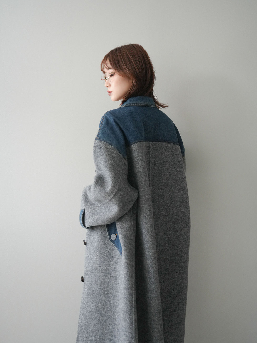 [予約]デニム切替シャギーステンカラーコート/gray