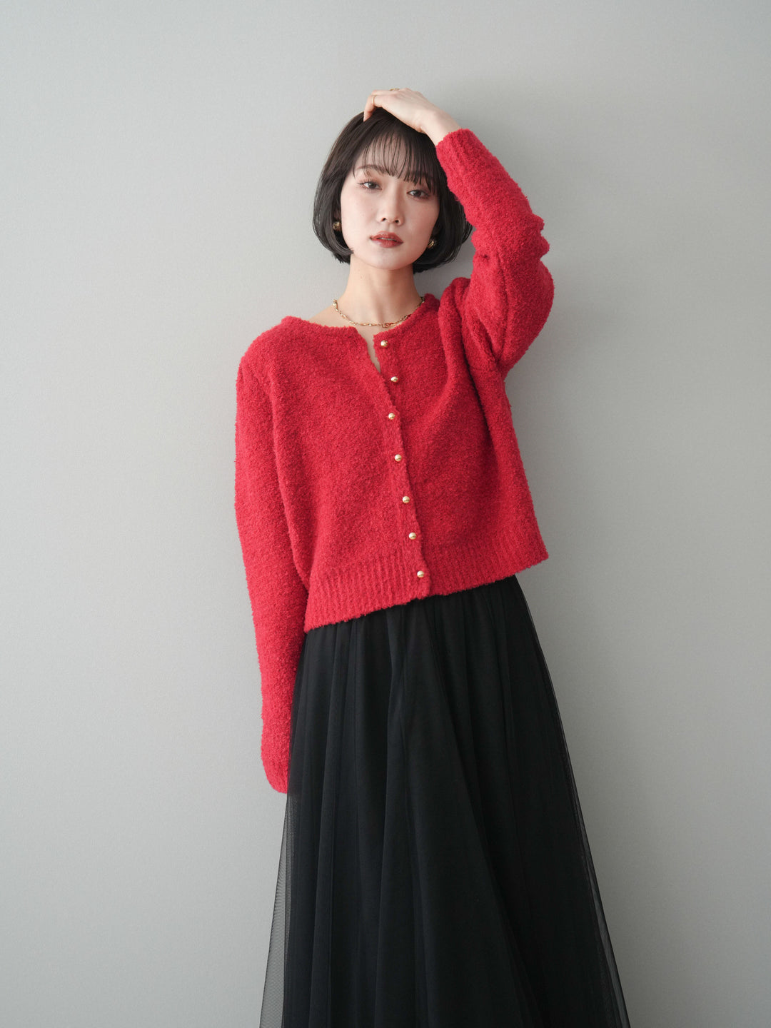 [SET]ゴールドボタンブークレニットカーディガン+チュールボリュームスカート(2set)